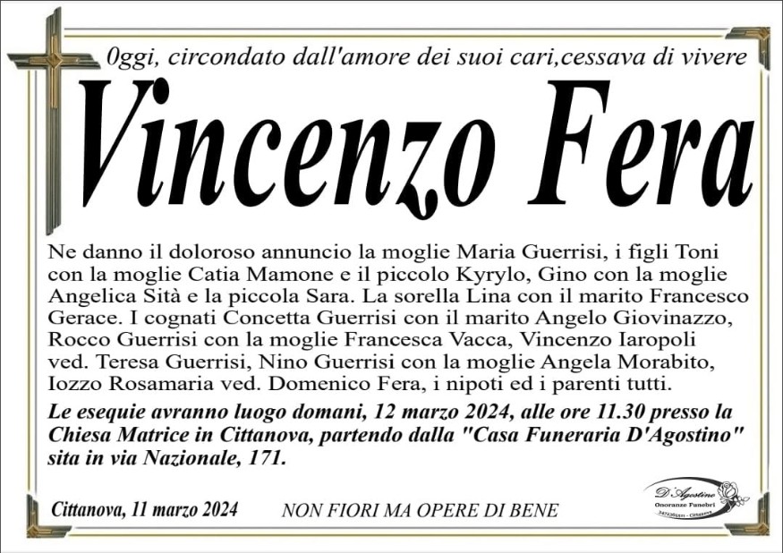 Necrologio di Vincenzo Fera