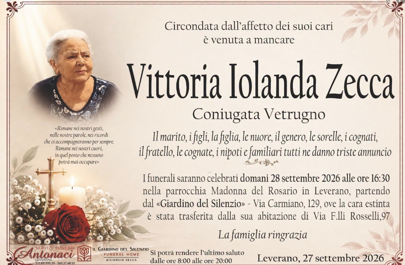 Necrologio di Vittoria Iolanda Zecca