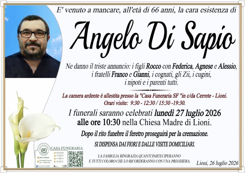 Necrologio di Angelo Di Sapio