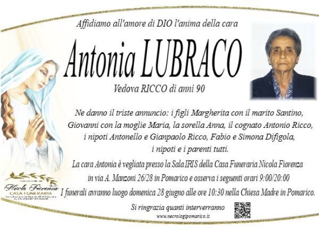 Necrologio di Antonia Lubraco