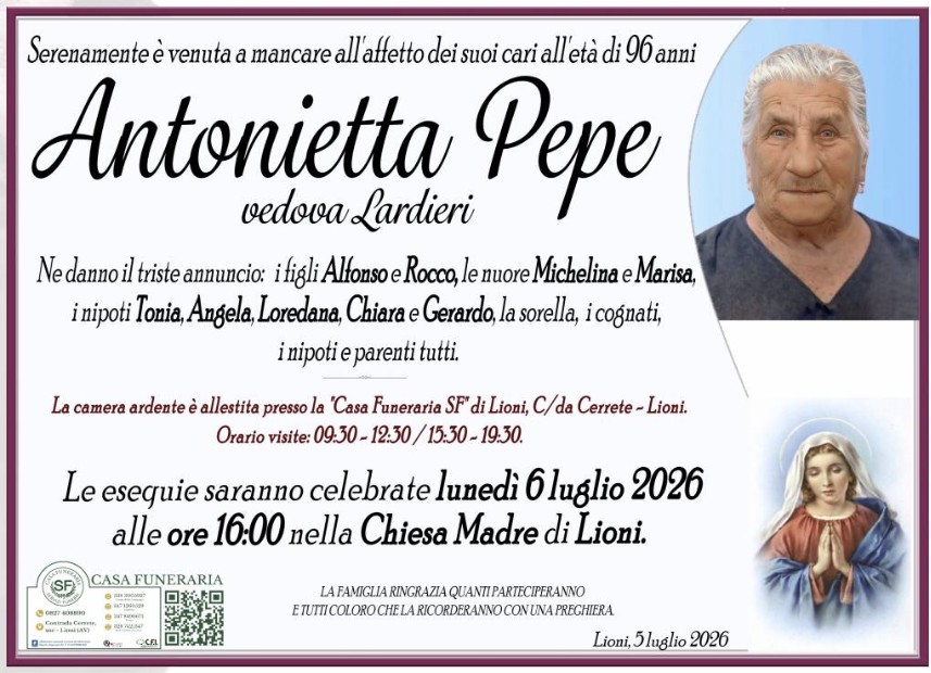 Necrologio di Antonietta Pepe