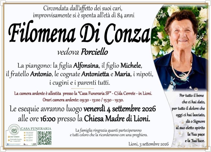 Necrologio di Filomena Di Conza