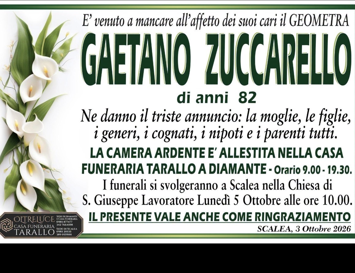 Necrologio di Gaetano Zuccarello