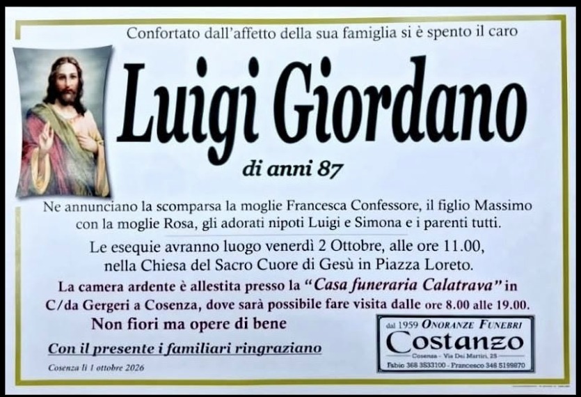 Necrologio di Luigi Giordano