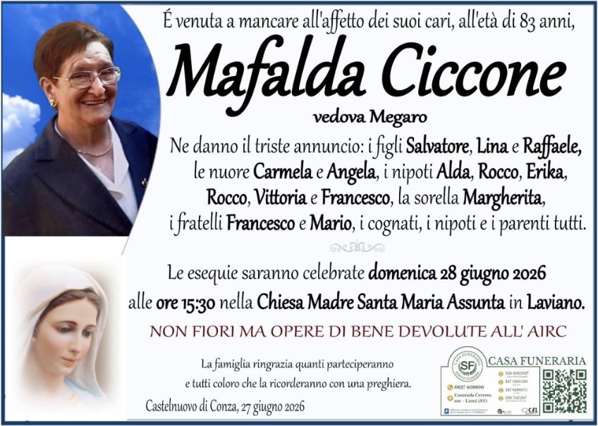 Necrologio di Mafalda Ciccone