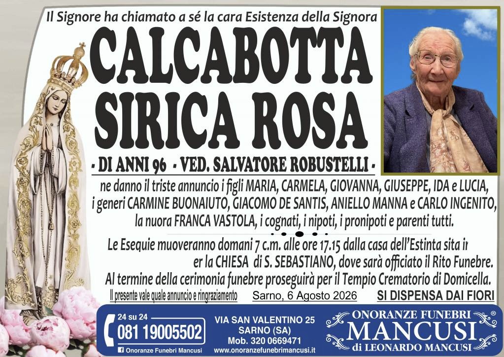 Necrologio di Rosa Calcabotta Sirica