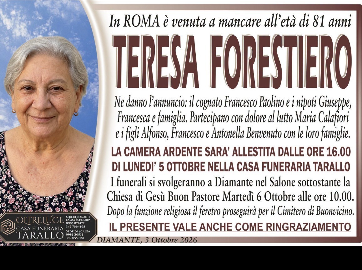 Necrologio di Teresa Forestiero