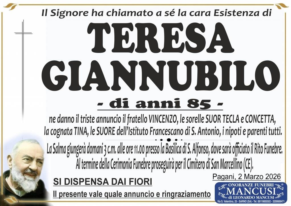 Necrologio di Teresa Giannubilo