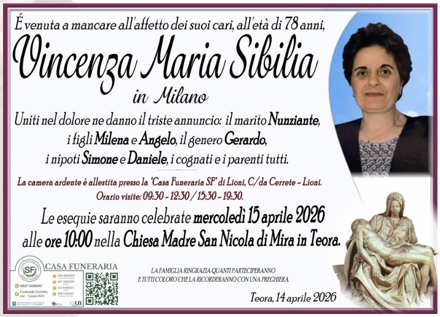 Necrologio di Vincenza Maria Sibilia