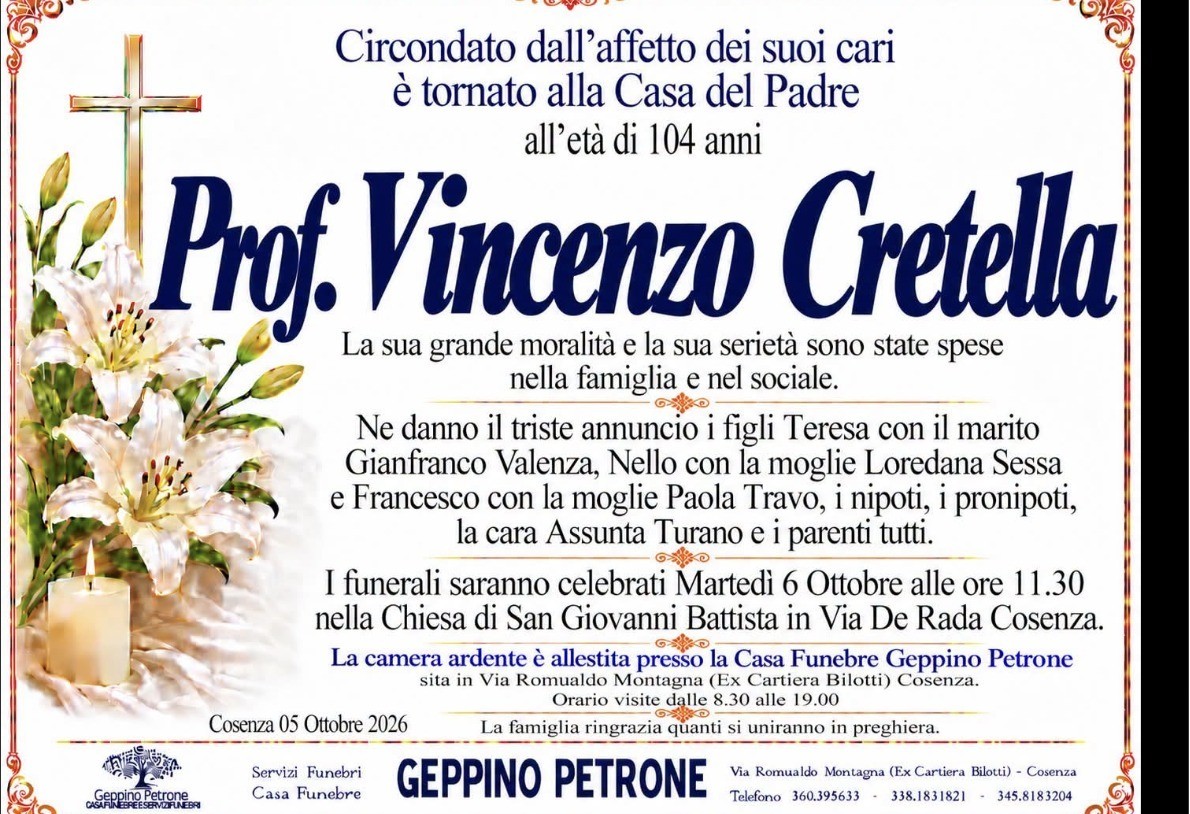 Necrologio di Vincenzo Cretella